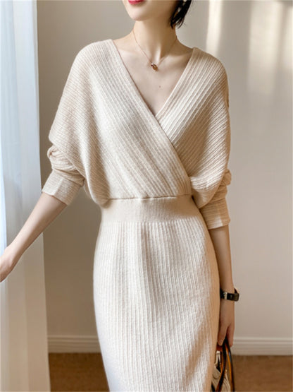 Robe tricotée ajustée col en V